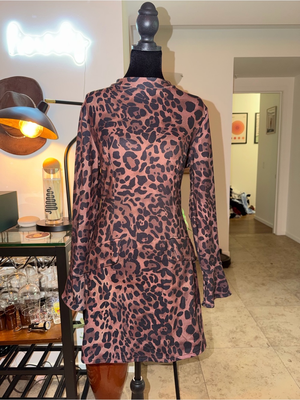 Fleece Lined Winter Brown Leopard-Print Long-Sleeve Shift Dress